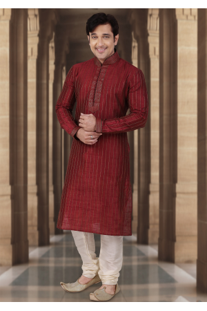 Red Color Dupion Kurta Set